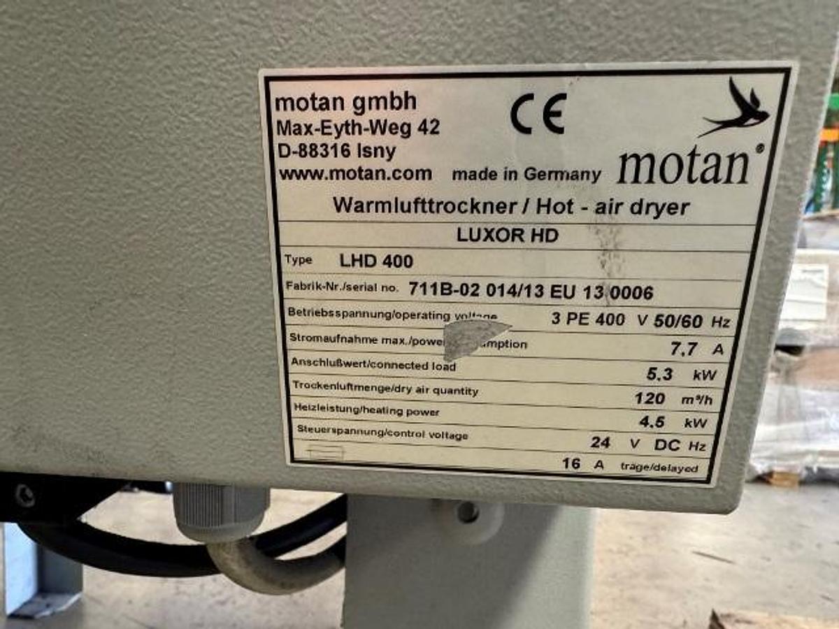 Used 400 litre Motan model Luxor HD, LHD 400 hot air dryer