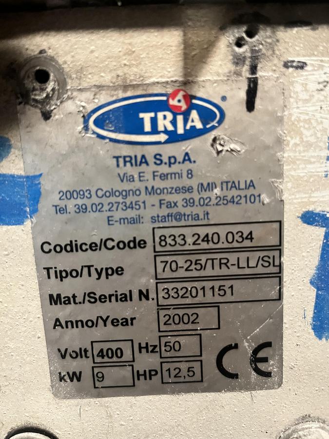 Used 700mm x 250mm Tria skeletal granulator model 70-25/TR-LL/SL 12.5kw motor. Nip roll feed.