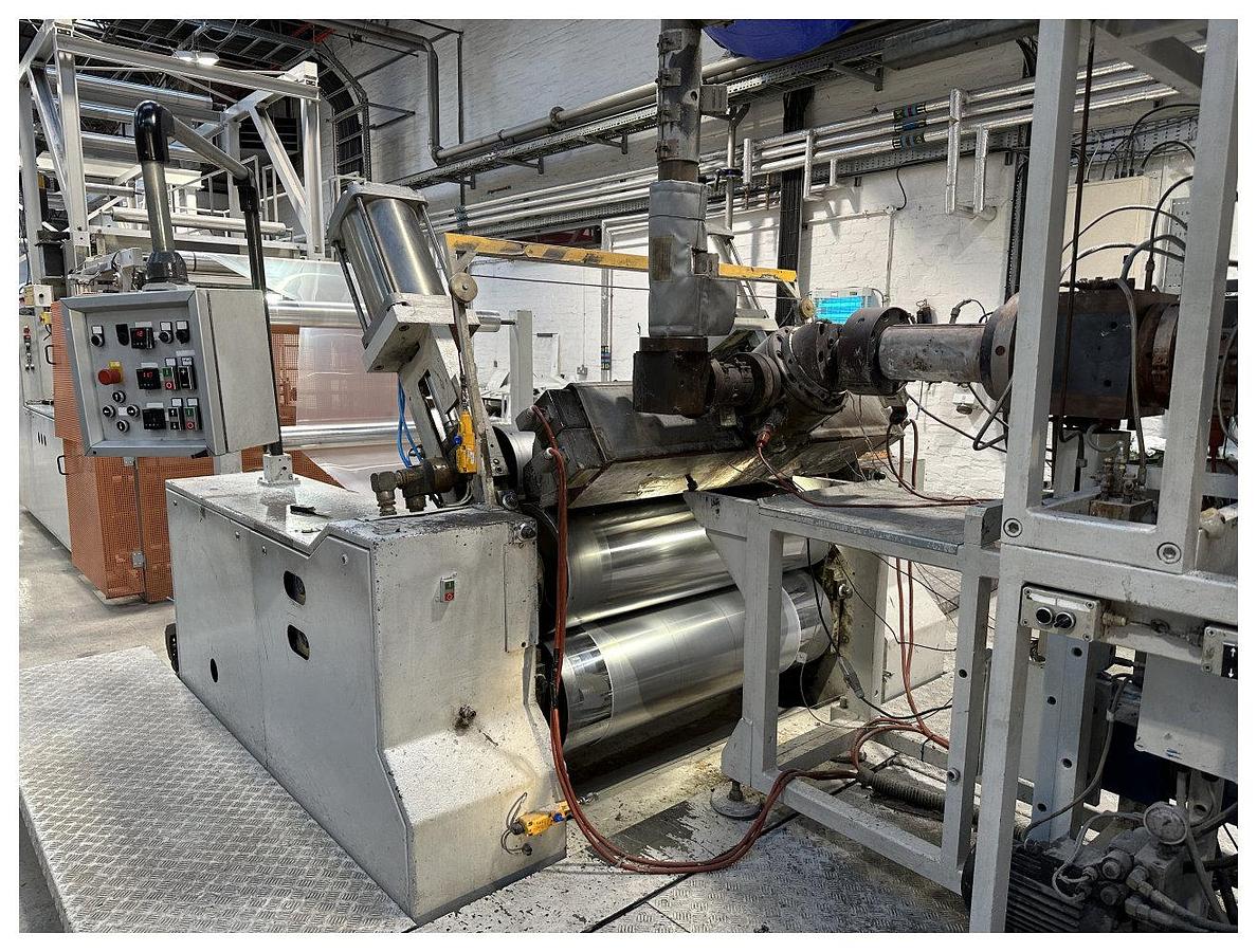 Used 1200mm Wide Diamat Coextrusion Sheet Line With 125mm and 70mm Extruders, 1200mm Calender, Edge Trim, Haul Off accumulator  4 Station Winder 2000