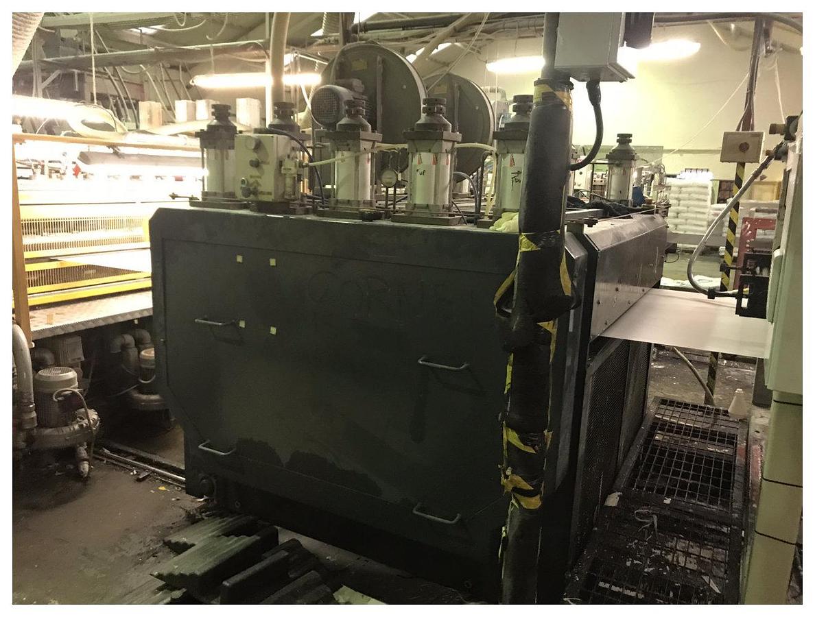 Used 1250mm Wide Kweenb Rossi Stampi twinwall PP Line; 120mm Extruder, G/pump, Die, Calibrator, hauloff, Oven, H/Off, Treater, Nip Roll, Guillotine, Grinder.Yr2007