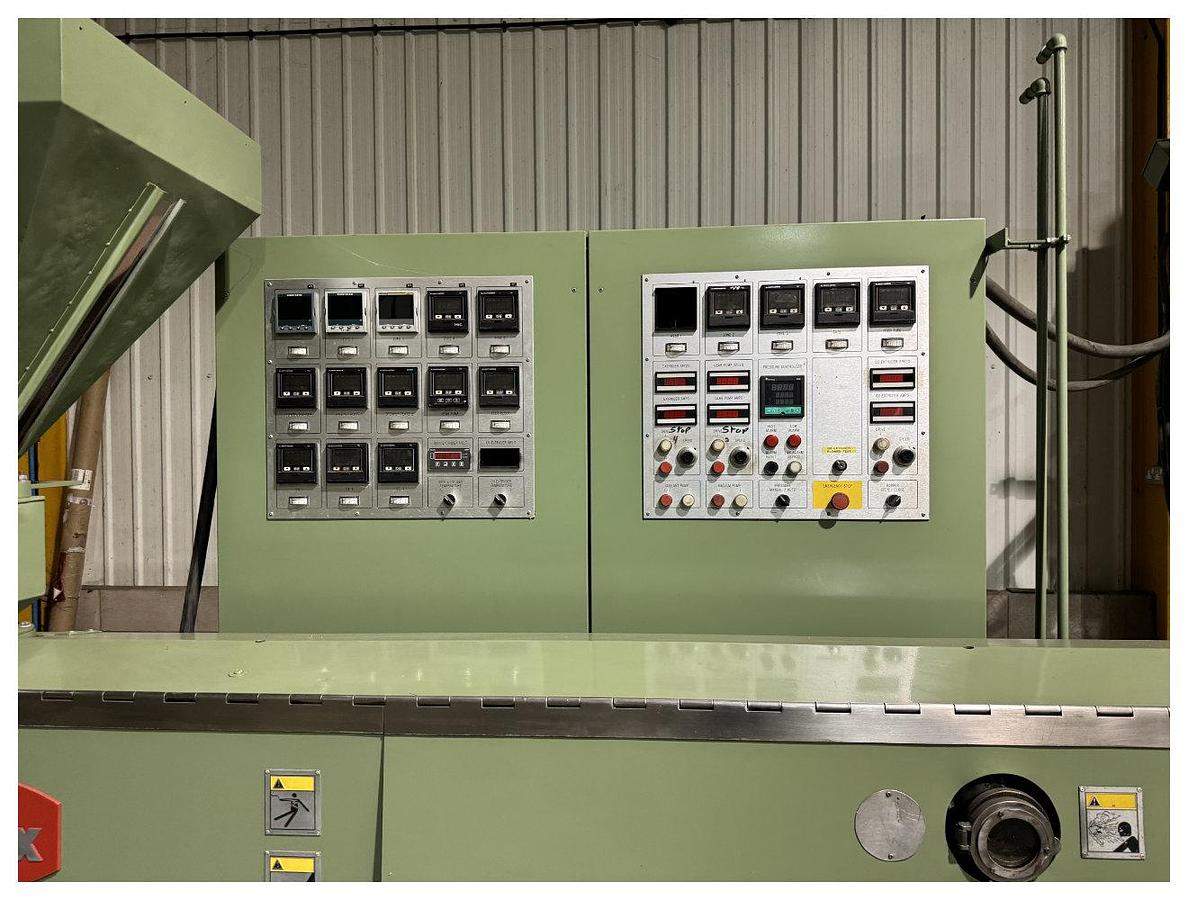 Used 1040mm wide Welex coextrusion sheet line with 90mm + 50mm extruders, GP, die, 1040mm wide x 450mm calender, pumps, haul off winder. 1996
