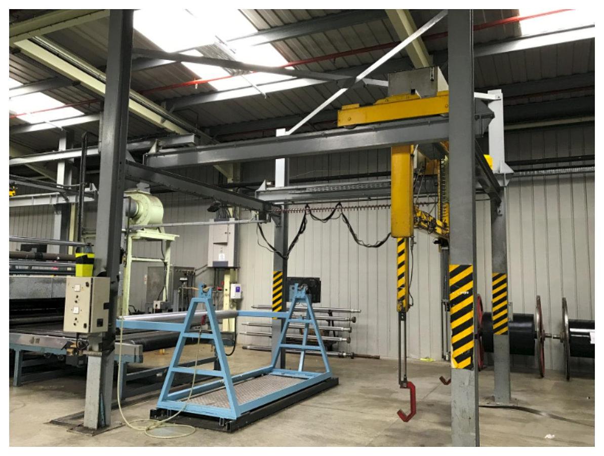 Used 2200mm wide Pla Ma PP foam flame laminator with dual unwind, heat pressure lamination, accumulator and contact winder