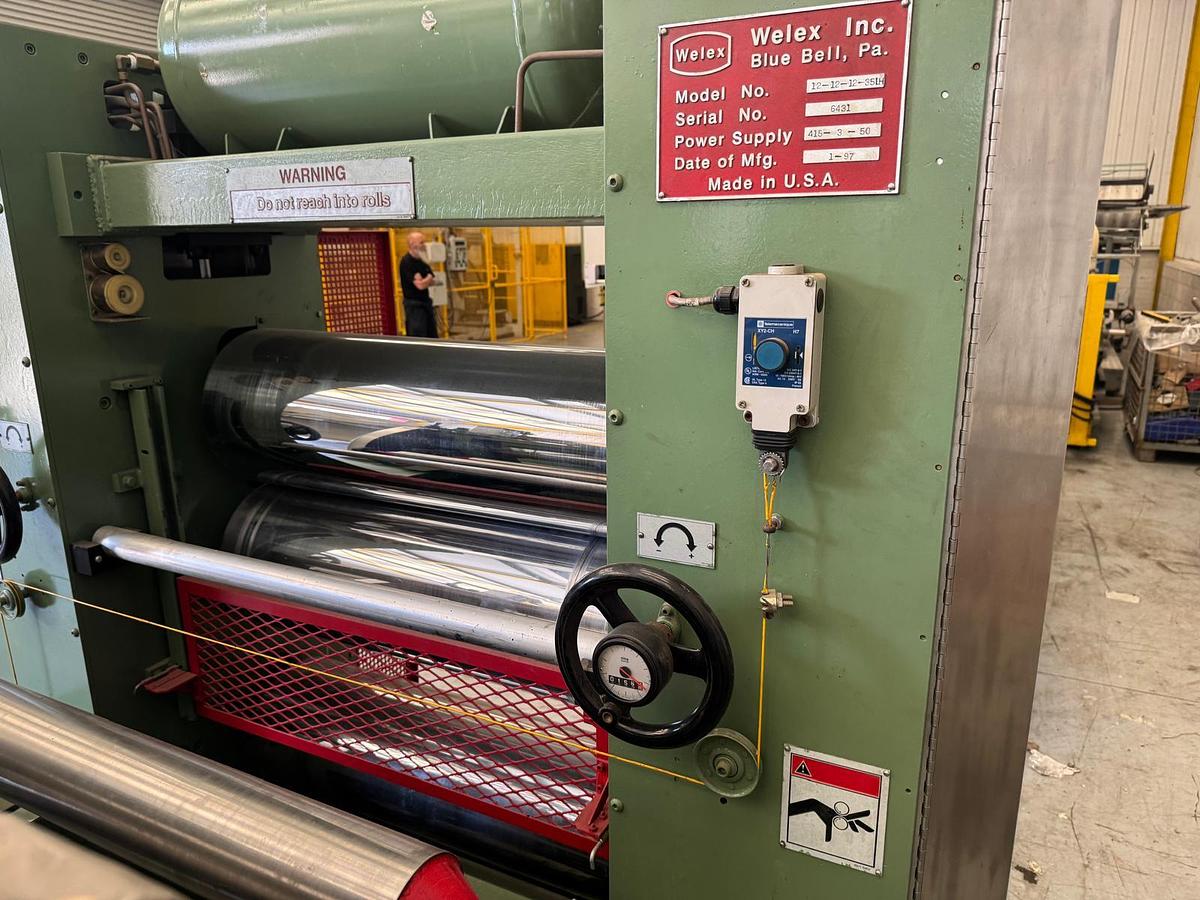 Used 890mm x 300mm Welex 3 roll polishing stack with pump group, and haul off. Silent chain driven rolls, pneumatic nip, 97
