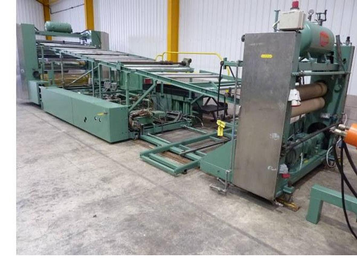 Used 1650mm Welex extrusion line, 90mm Welex extruder, Gear pump, 1500mm die, 1650mm 3 roll vertical stack, pump group, haul off, Guillotine or winder