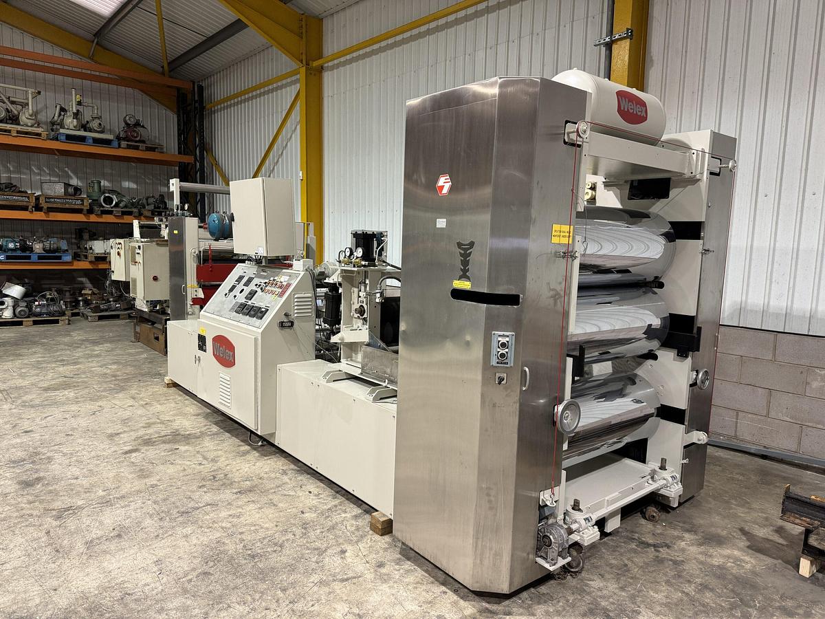 Used 1040mm wide Welex coextrusion sheet line with 90mm + 50mm extruders, GP, die, 1040mm wide x 450mm calender, pumps, haul off winder. 1996