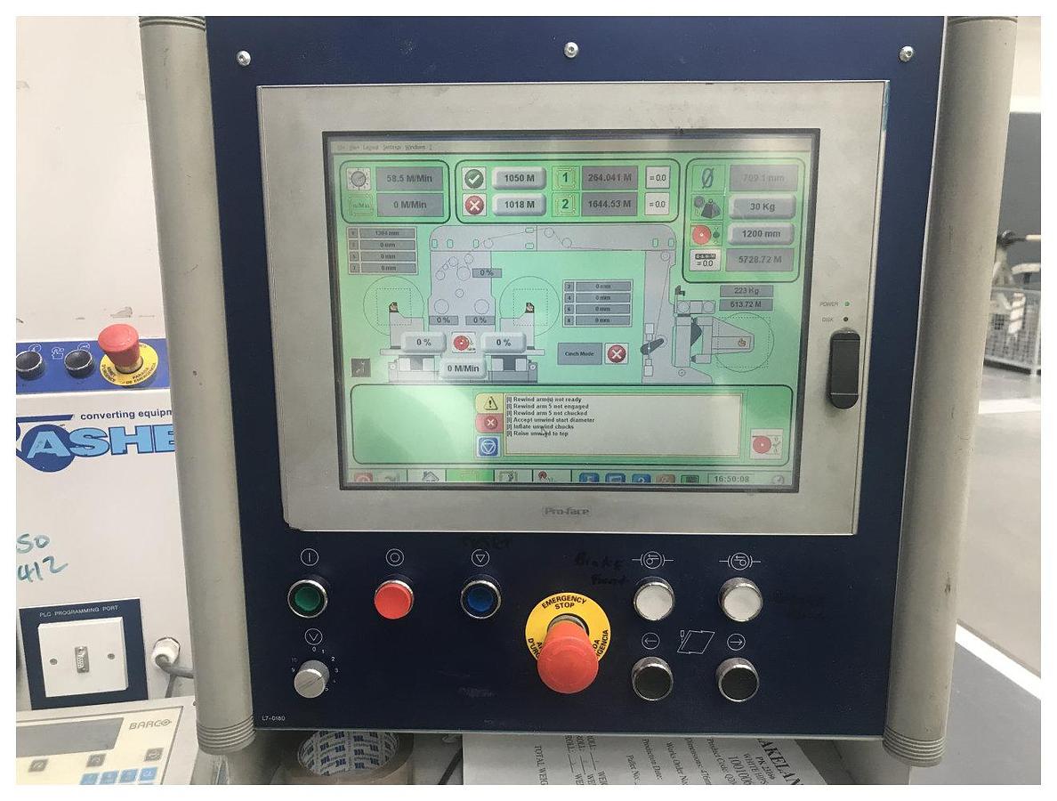 Used 2030mm wide Ashe slitter rewinder with max mill roll of 1200mm. 450mpm max speed 254mm minimum slit. Shaftless unwind. Centre/Centre surface rewind 2008