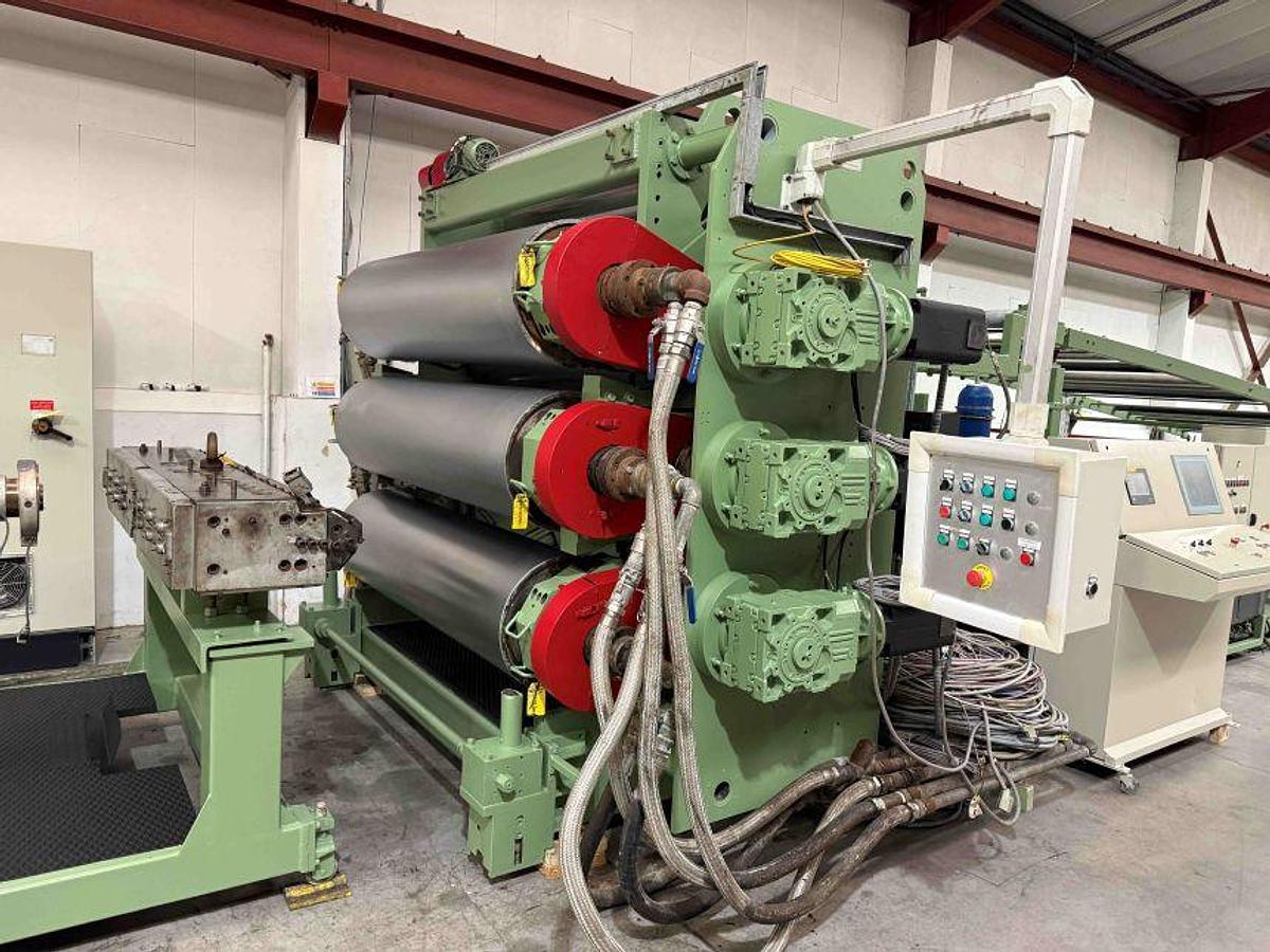 Used 1900mm wide Omam 3 roll polishing stack with 500mm dia rolls pump group and haul off. Spare rolls, hydraulic nip with pump unit, haul off. Operator panel.