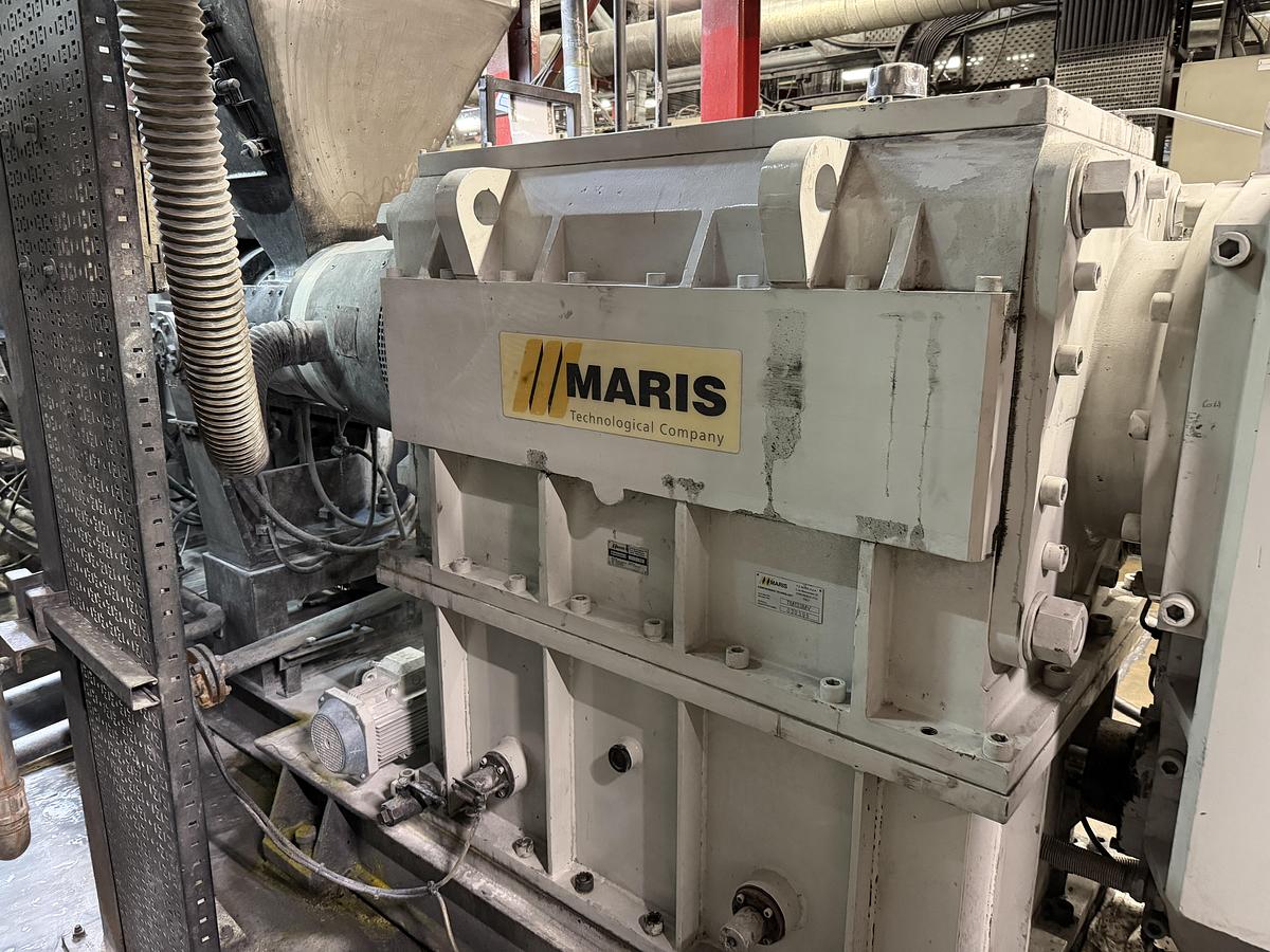 Used 130mm Maris TM133MV twin screw compounding line. 340rpm max. 710kw motor. Gala Model 7 underwater pelletiser. Ktron feeders