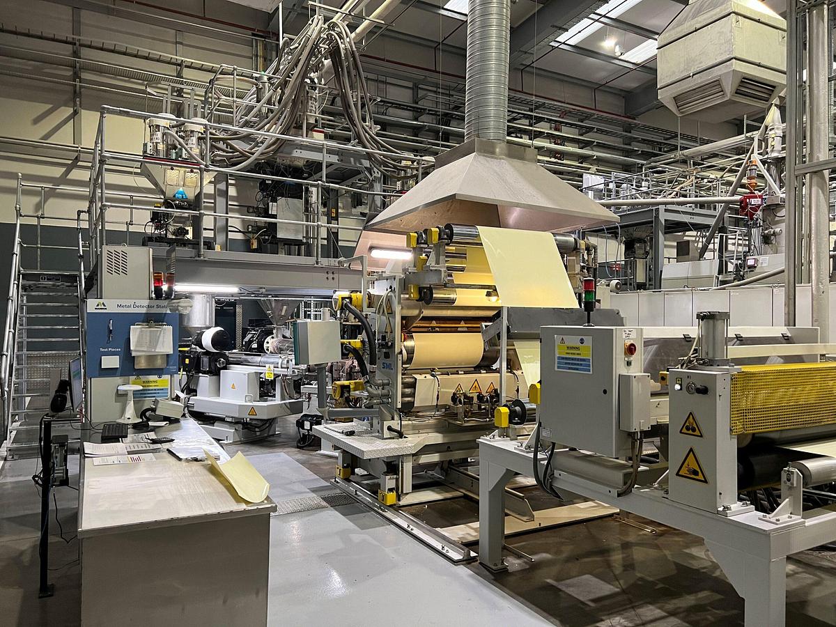 Used 1200mm Wide SML Coextrusion PP Sheet Line With 105mm Extruder + 2 x 75mm Coextruders, 1300mm Die, 1400mm Calender, Haul Off Winder 1200kg/hr 2007