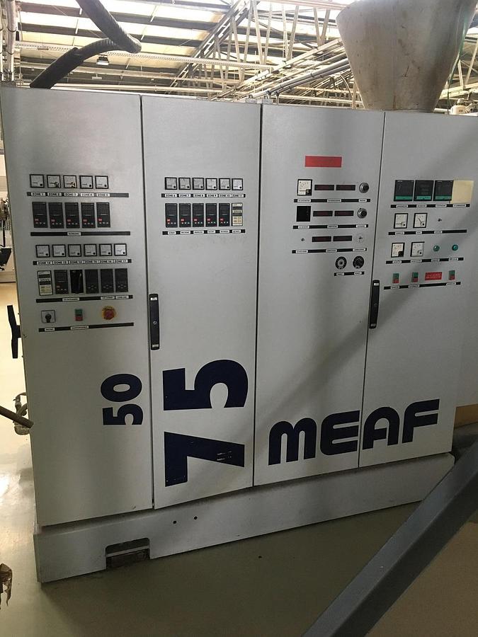 Used 900mm Wide Meaf Coextrusion Sheet Line With 75mm, 50mm Coextruder. 900mm Die, 900x300mm 3 Roll Stack, Pull Rolls, Edge Trim Knives, 2 Station Winder 2002