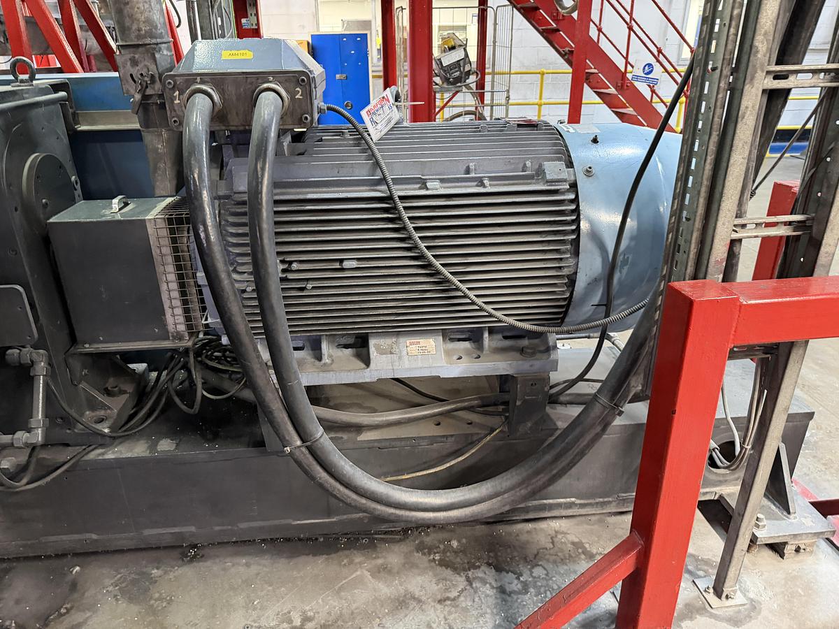 Used 50mm Coperion ZSK 50MC twin screw compounding line 44D. 215kw motor. 1200rpm screw speed. Brabender feeders, Gala PAC model 6 pelletiser Year 2000