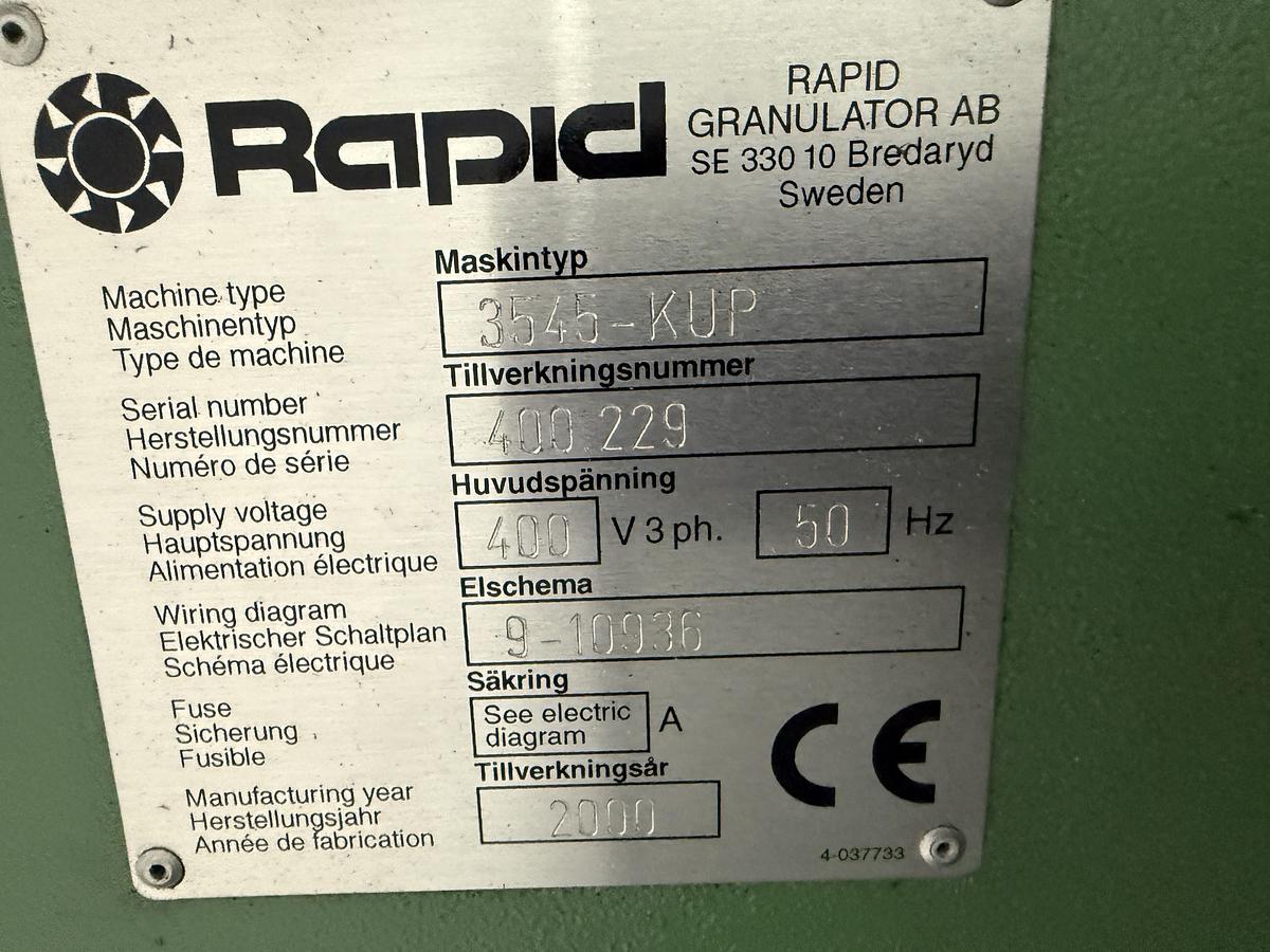 Used 450mm x 350mm Rapid model 3545 KUP granulator soundproofed with 22kw motor.