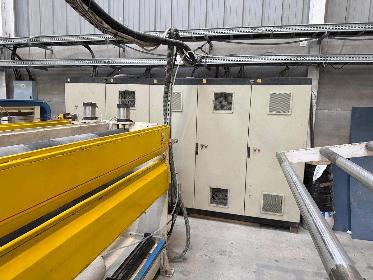 Used 2300mm wide Welex Italproducts sheet line. 120mm extruder, with gear pump and 2300mm die head. 2300mm calender, haul off cross cut saw.