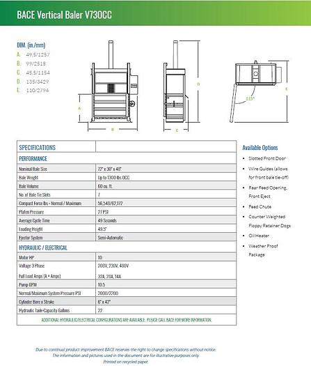 New BACE V73OCC Vertical Baler - Available NOW
