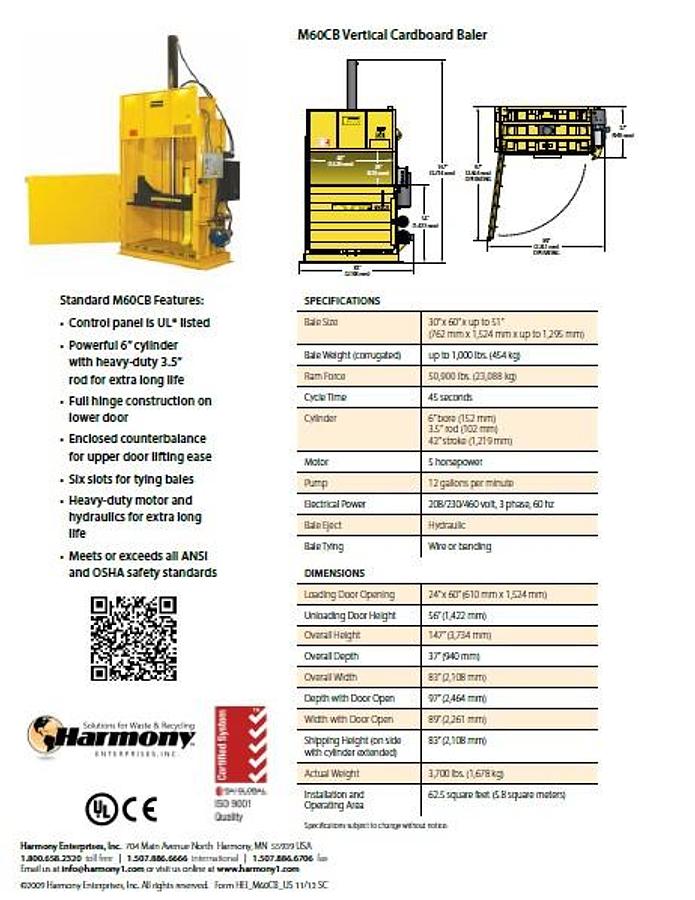 Refurbished Harmony M60CB Vertical Baler