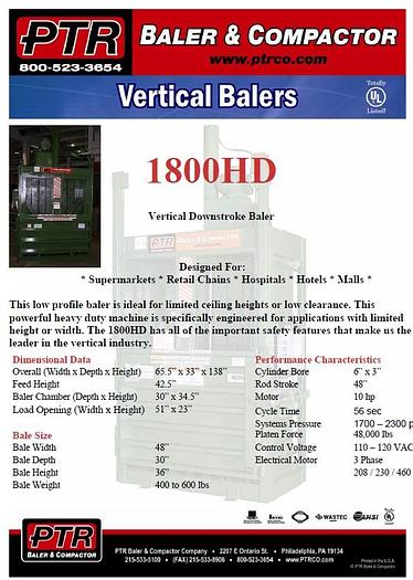 Refurbished PTR 1800HD Vertical Baler
