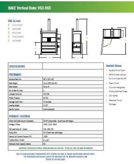 Refurbished BACE V63-865 Heavy Duty Vertical Baler  **non-ferrous metals, plastics, paper, cardboard**