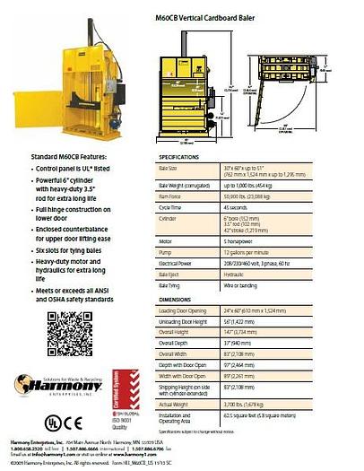 Refurbished Harmony M60CB Vertical Baler