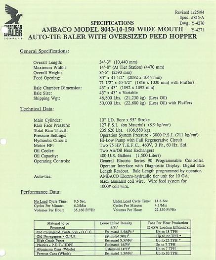 Refurbished American 8043 10-150F Auto-Tie Baler  **RECONDITIONED**