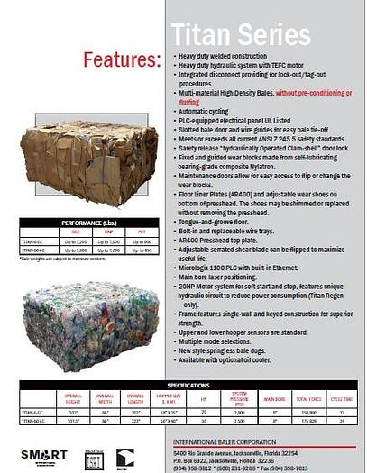 Used IBC Titan 6-EC Closed Door Baler, IBC 48" Infeed Conveyor, & Pioneer 2K Box Dumper