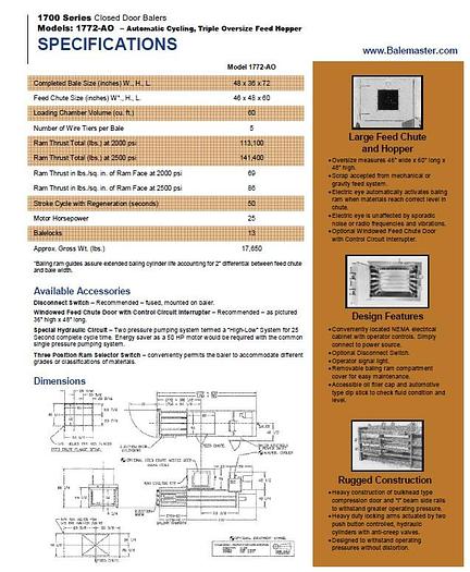 Used 2015 Balemaster 1772-AO Wide Mouth Closed Door Baler