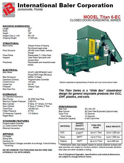 Used IBC Titan 6-EC Closed Door Baler, IBC 48" Infeed Conveyor, & Pioneer 2K Box Dumper