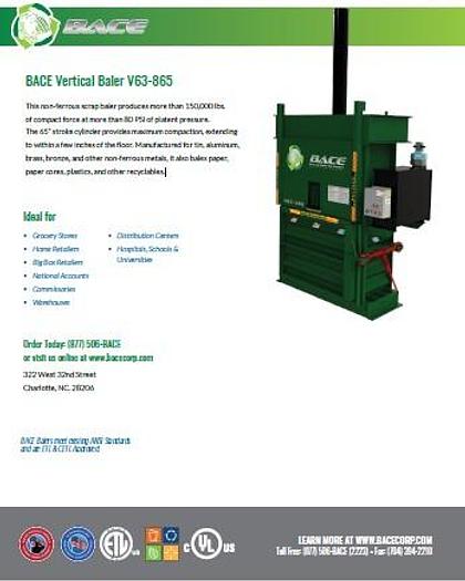 Refurbished BACE V63-865 Heavy Duty Vertical Baler  **non-ferrous metals, plastics, paper, cardboard**