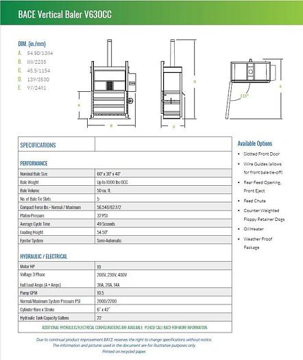 New BACE V63OCC Vertical Baler - Available NOW