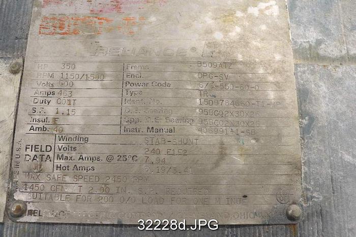 Used Reliance 350Hp, 1150-1500RPM, 600Volt, DC Motor #32228