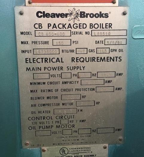 1991 Cleaver Brooks CB400-400 Steam Boiler 150 PSI CB400-400