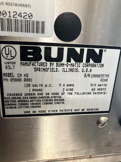 Used Bunn Portion Control Coffee Bean Grinder 05800.0001 G9HD Single