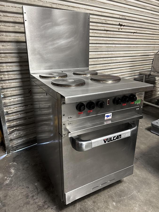 Used Vulcan 24" 4 Sealed Burner Electric Range w/ Oven, 208v/3ph, EV24-S-4FP