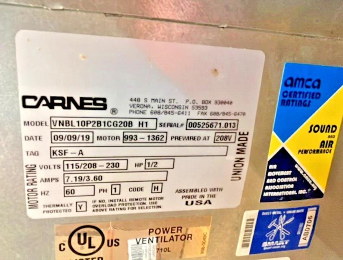 New Carnes VNBL Make-Up Air Filtered Supply Centrifugal Fan - Complete w/ 90 Degree Uptake