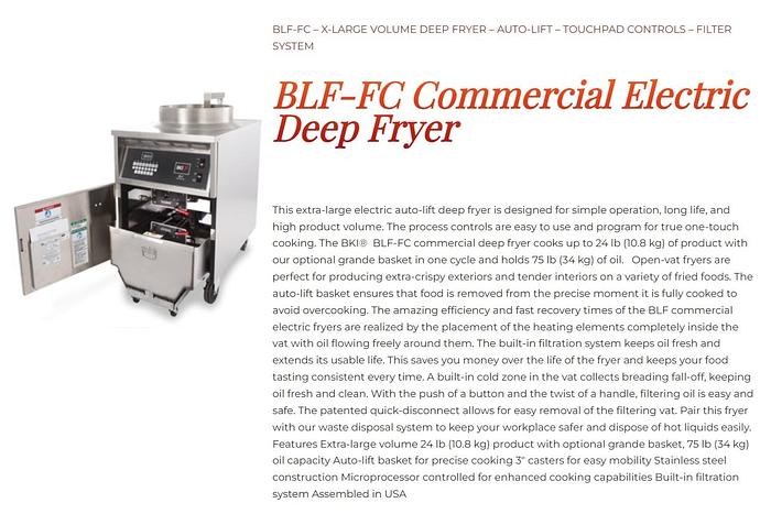 Used BKI BLF-FC - X-Large Volume 75 Lb Deep Fryer – Auto-Lift – Touchpad - Filtration