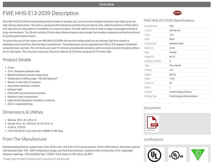 Used FWE Radiant Heated Holding Shelves - HHS-513-2039