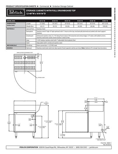 Used Perlick SC24-18 Underbar Storage Cabinet Drainboard Top 24"W X 18-9/16"D