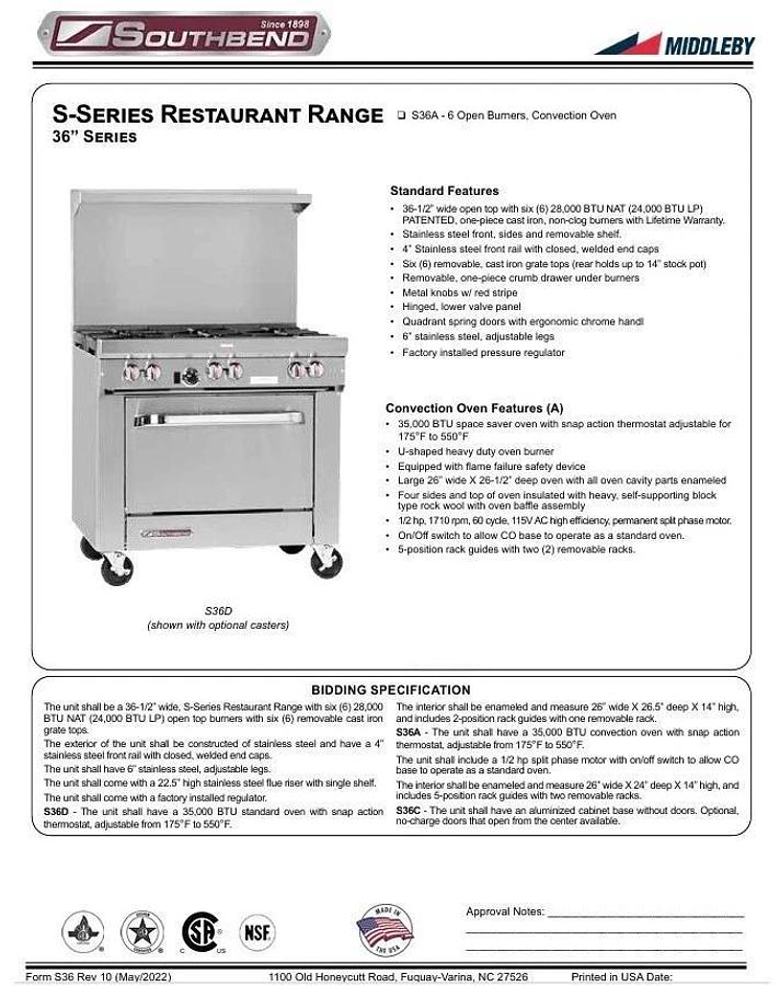 Used Southbend S36A 36" 6 Burner Gas Range w/ Convection Oven, Natural Gas, Excellent