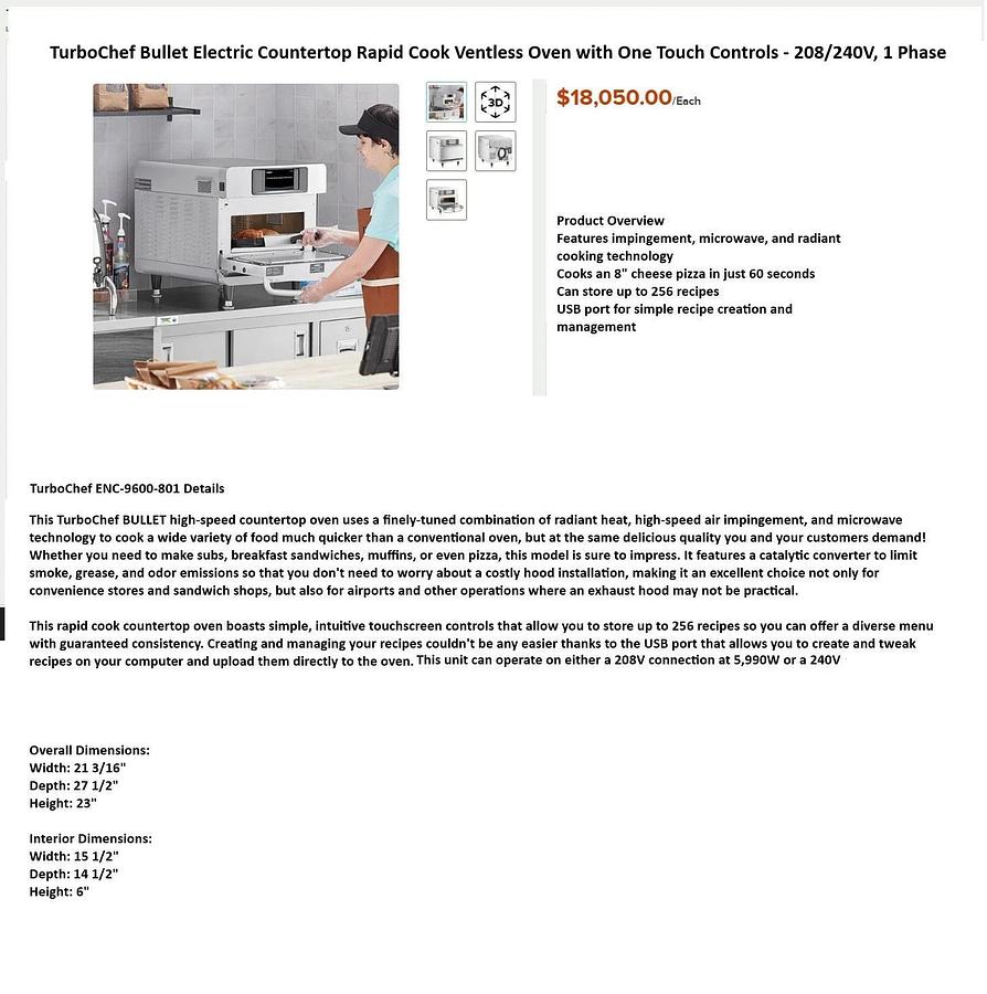 TurboChef Encore 2 BULLET High Speed Ventless Convection Oven - NEW!