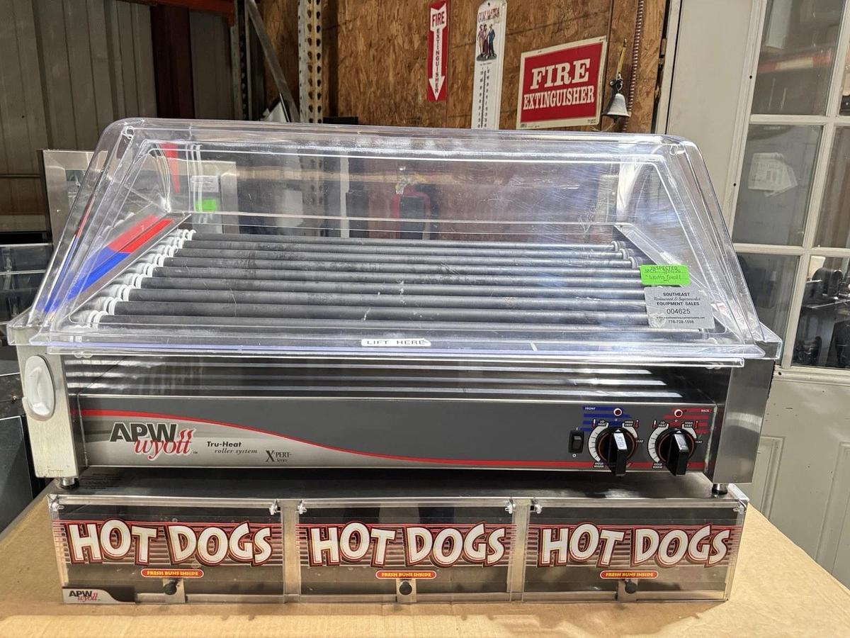 Used APW Wyott HRS-50 X PERT Hot Dog Flat Roller Grill w/ Sneeze Guard & Bun Cabinet