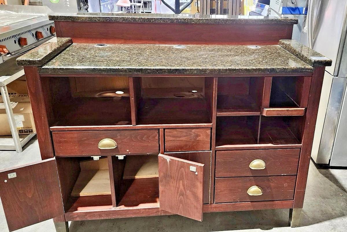 Used Restaurant Hostess Station Wood w/ Marble Top and Lots of Storage, 48" W