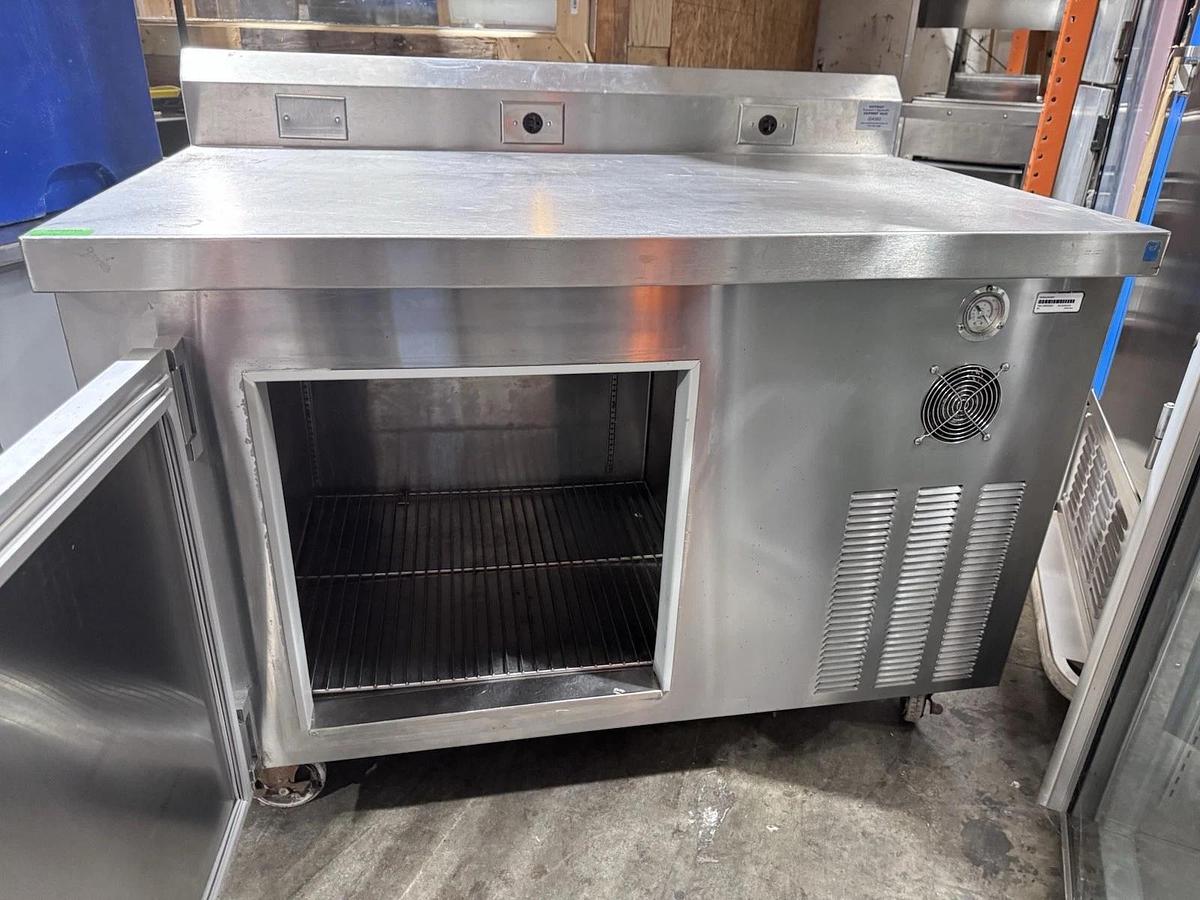 Used Custom 1 Door Worktop Refrigerator 51"L w/ 6" Back Splash, Caster, 1 Shelf