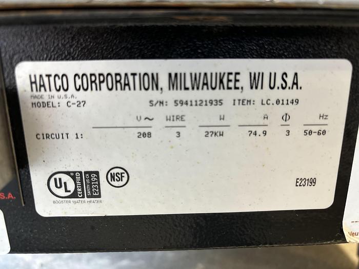Used Hatco Compact Booster Water Heater, 240v, 1 Phase Never Used "2019"