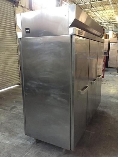 Used Hobart Three Door Stainless Steel Refrigerator w/ Pan Slides