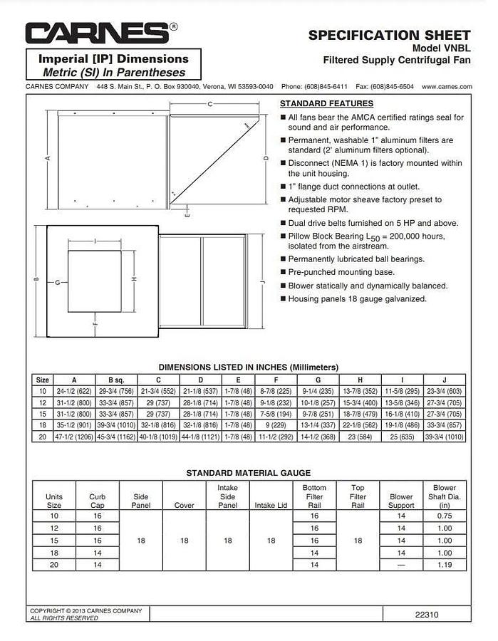 New Carnes VNBL Make-Up Air Filtered Supply Centrifugal Fan - Complete w/ 90 Degree Uptake