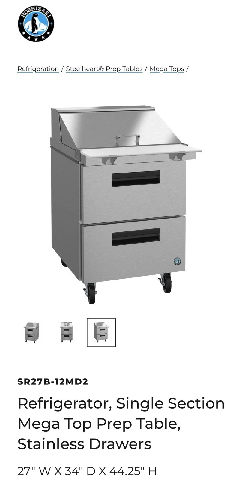Hoshizaki SR27B-12MD2 27" Mega Top Sandwich / Salad Prep Table w/ 2 Drawers *ON SALE -$1,500 OFF