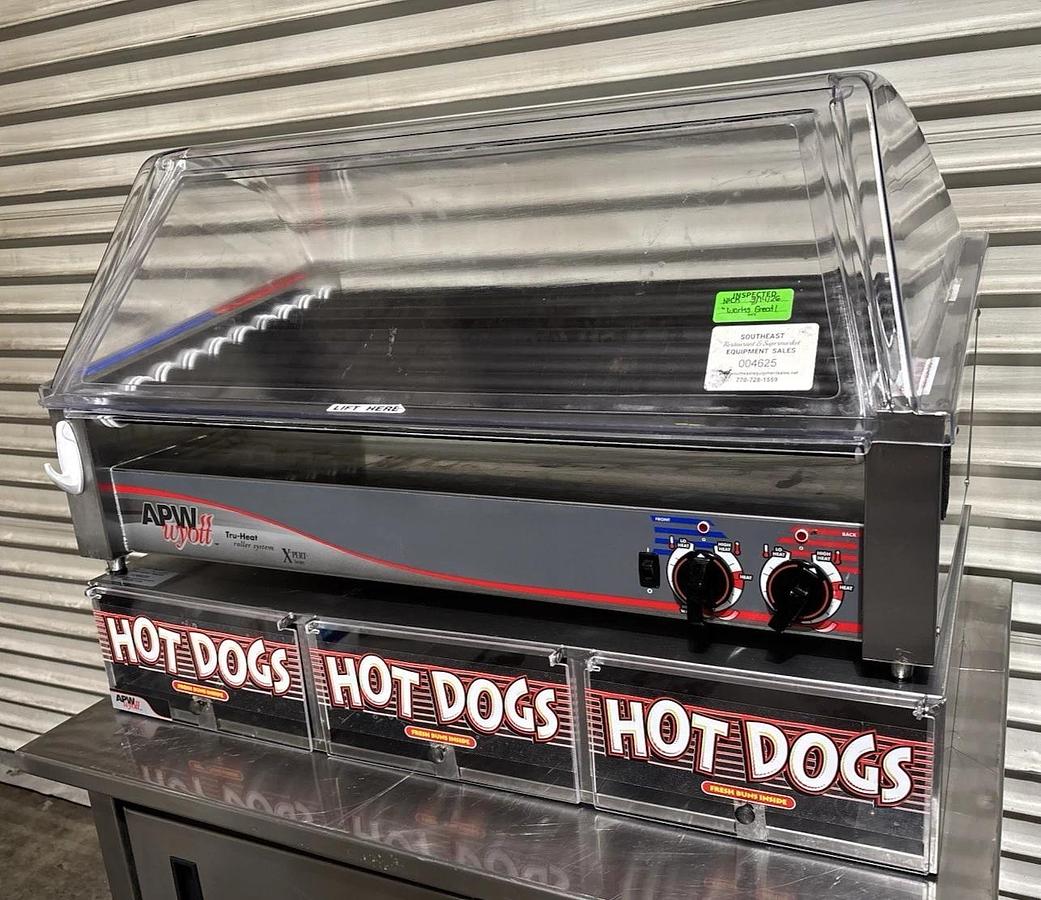 Used APW Wyott HRS-50 X PERT Hot Dog Flat Roller Grill w/ Sneeze Guard & Bun Cabinet