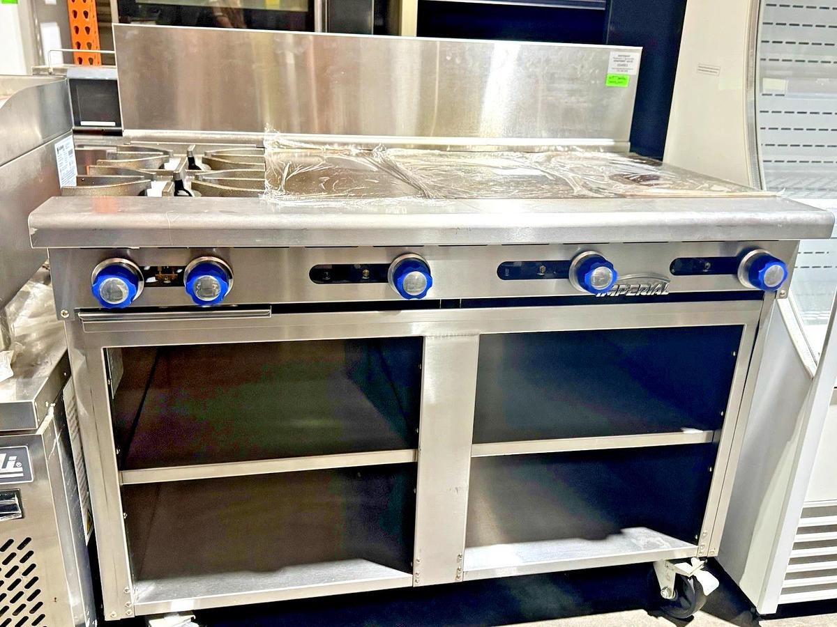Used Imperial IR-2L-3HT-2XB-F 48" Gas 2-Burner Range, Hot Top Griddle on Storage Base