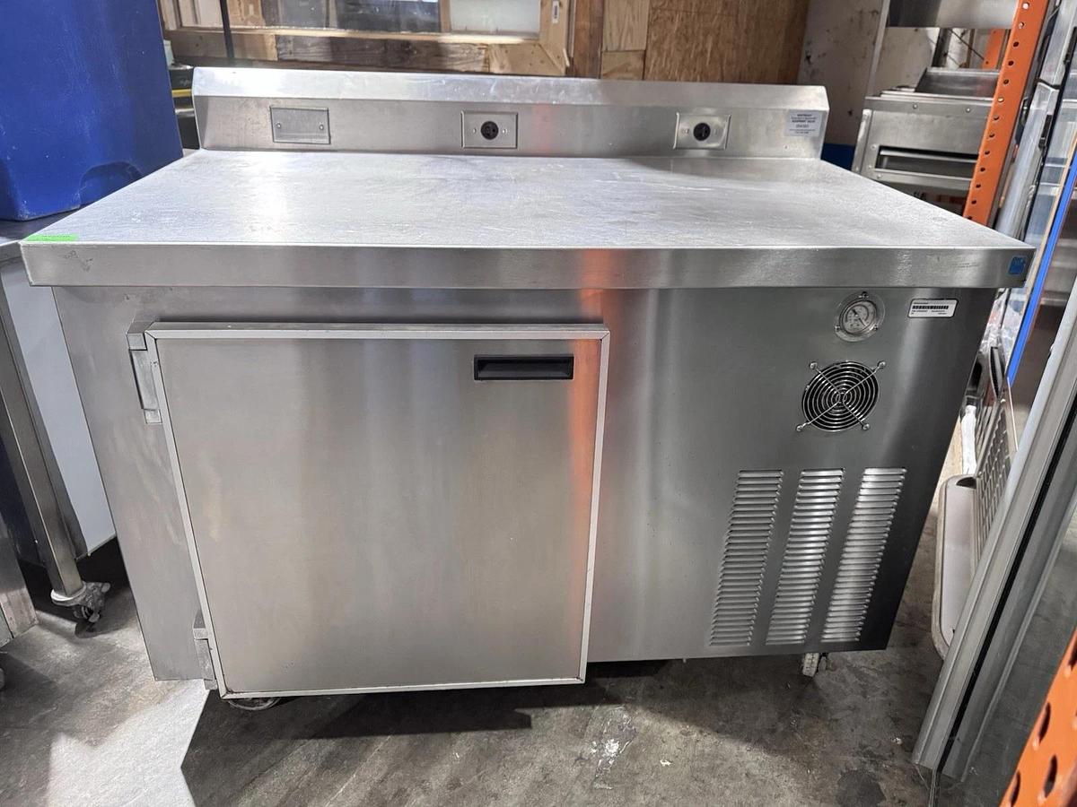 Used Custom 1 Door Worktop Refrigerator 51"L w/ 6" Back Splash, Caster, 1 Shelf