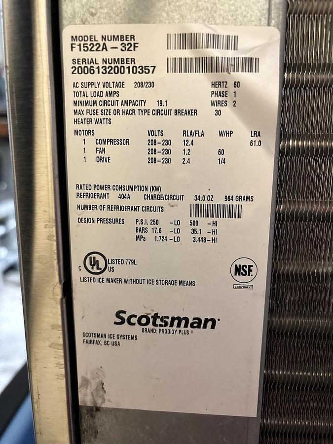 Used Scotsman F1522A-32 Flaker, Flake Ice Maker 1500lb Ice Machine Air Cooled 208V, 1Phase