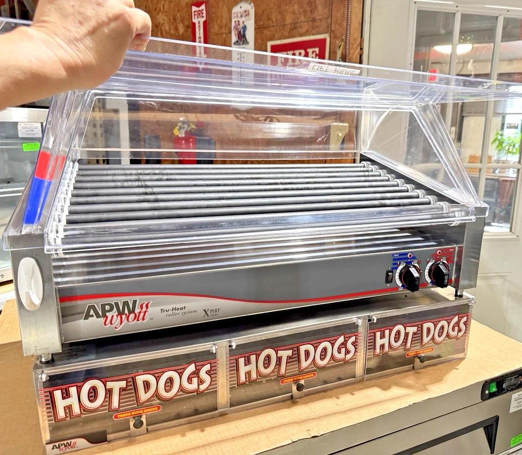 Used APW Wyott HRS-50 X PERT Hot Dog Flat Roller Grill w/ Sneeze Guard & Bun Cabinet